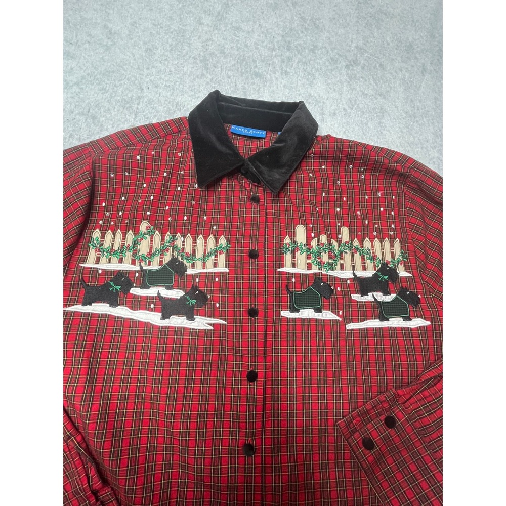 Karen Scott Med Red Plaid Scottie Dog‎ Christmas Button Down Shirt vintage 90s